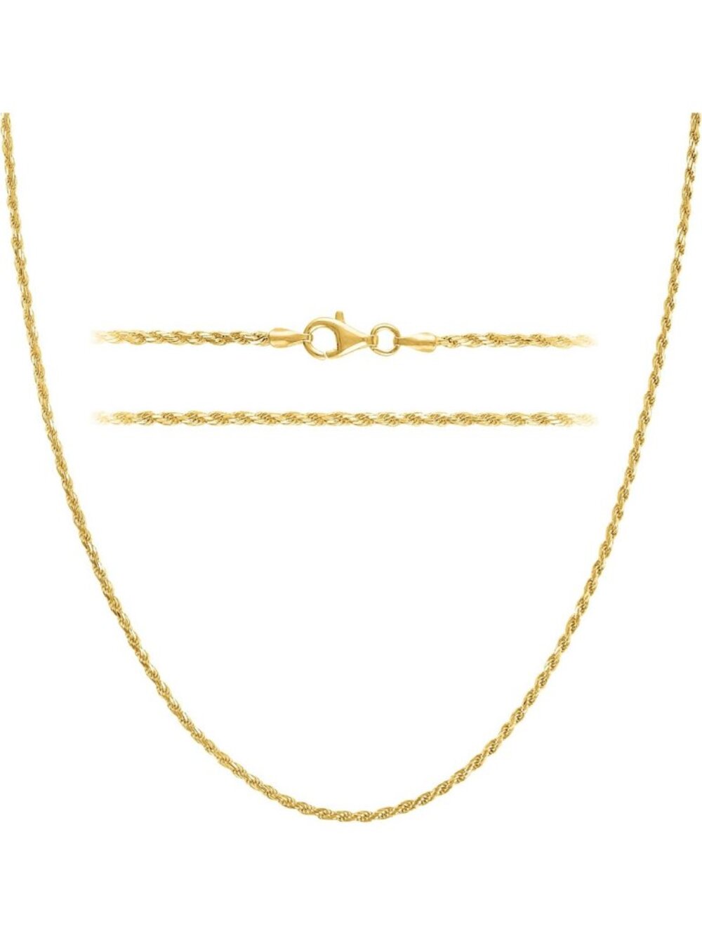 Gold Rope Chain Necklace for Women & Men - Plated 925 Sterling Silver Jewelry